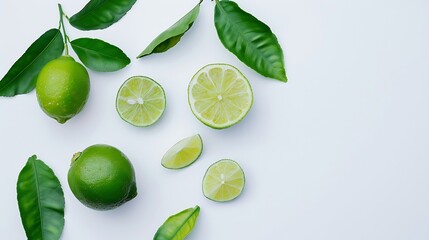 Poster - Generative AI : Fresh lime with half sliced and green leaves isolated on white background, top view, flat lay.