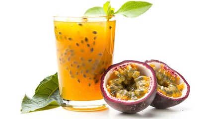 Poster - Generative AI : Closeup glass of passionfruit juice with passion fruit half slice and green leaf isolated on white background. 