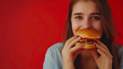 Wall Mural - Generative AI : Portrait of young beautiful hungry woman eating burger. Isolated portrait of student with fast food over red background. Diet concept.