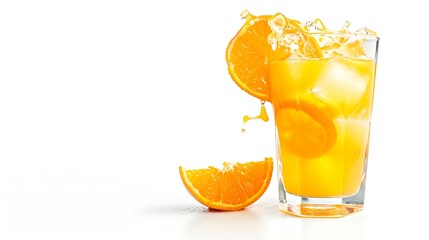 Poster - Generative AI : Glass of 100% Orange juice with sacs and sliced fruits isolate on white background.