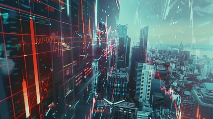 Fototapete - Generative AI : The digital indicators and declining graphs of a stock market crash overlap the backdrop of a modernistic city. 