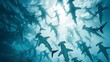 Graceful hammerhead sharks in clear ocean, iconic creatures in cinematic low angle shot