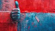 A hand emerging from a wall and giving a thumbs up sign. The wall is textured and painted in red and blue