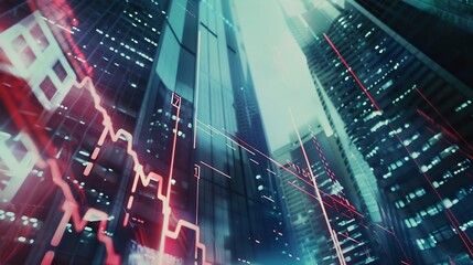 Fototapete - Generative AI : The digital indicators and declining graphs of a stock market crash overlap the backdrop of a modernistic city. 