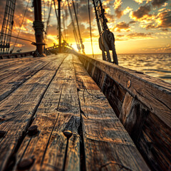 Wooden deck of a old galley sailing across the ocean