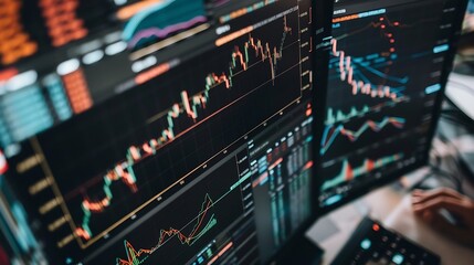 Poster - Generative AI : Charts of financial instruments with various type of indicators including volume analysis for professional technical analysis on the monitor 