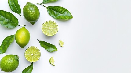 Poster - Generative AI : Fresh lime with half sliced and green leaves isolated on white background, top view, flat lay.