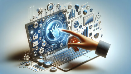 3d flat icon as Virtual Interface Hand interacting with a virtual interface projected from a laptop. in business innovation abstract theme with isolated white background ,Full depth of field, high qua