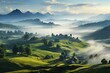 Nature of Poland. Landscape with a village by the river. Forest in the fog. Generative AI Art. Beautiful view.