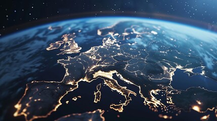 Poster - Generative AI : Beautiful planet earth with night city lights. Europe and Africa at night viewed from space with city lights showing human