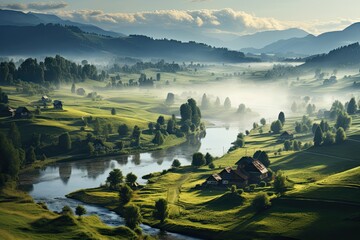 Sticker - Nature of Poland. Landscape with valley in the mountains and river. Aerial drone view. Generative AI Art. Beautiful view.