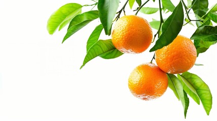 Poster - Generative AI : Fresh orange fruit hang on tree branch with green leaves isolated on white background.