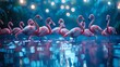 Elegant flamingos wading in moonlit lagoon, vibrant pink feathers, low angle shot