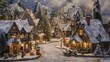 A charming holiday village scene dusted with snow and adorned with twinkling lights, with quaint cottages, a festive town square, and a bustling market, evoking the timeless charm