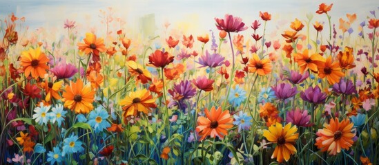 Wall Mural - A scenic painting featuring a vast field filled with colorful blooms, with a radiant sun shining in the distant background