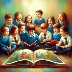 Wall Mural - children reading a book