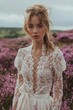 Beautiful girl in a white dress in a field of daisies, young beautiful woman in a field in a White dress, bride, wedding
