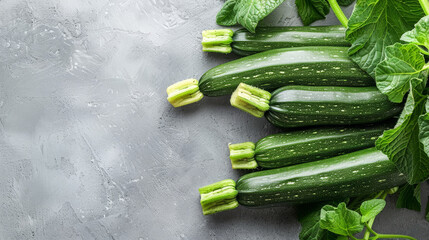 Poster - Fresh zucchinis with lush leaves on a grey concrete surface.