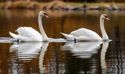 Wall Mural - A pair of swans gliding gracefully across the glassy surface of a spring lake