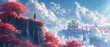 Red tower in clouds, man, illustration, sky