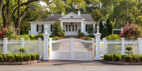 Wall Mural - A large house with a white picket fence and a driveway