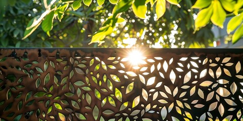 Sticker - artistic fence featuring metal panels with laser-cut patterns inspired by nature