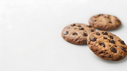 Sticker - Three Chocolate Chip Cookies on a Clean White Background. Perfect for Snack Advertisements. Simple and Delicious Treats. AI