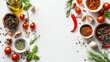 Realistic vibrant top view cooking background on white with space for creative text concepts