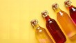 Lovely kombucha-fermented tea beverages attainable in many flavors, mounted in glass bottles over a pale yellow backdrop and space, Generative AI.