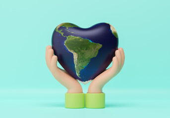 Wall Mural - World earth day, Earth in heart shape on hand. Love and Save the World for the next generation concept. Banner on the theme of saving the planet. Make everyday earth day. Environment. 3d rendering