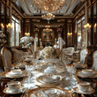 Opulent dining room with a crystal chandelier and elegant table settingHyperrealistic