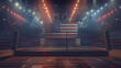 an empty boxing ring in a large arena filled with lights. There is a very large United States flag in the background, sports day, Generative Ai
