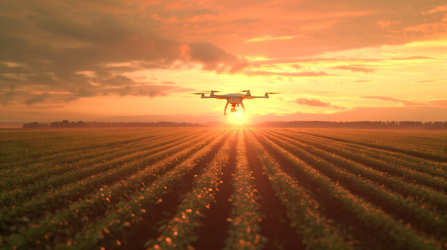 Drone patrolling agricultural fields at sunset