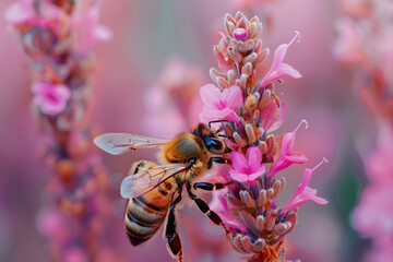 Poster - Closeup of a bee. Background image. Created with Generative AI technology.