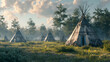 an abandoned native American settlement, ripped teepees, Generative Ai