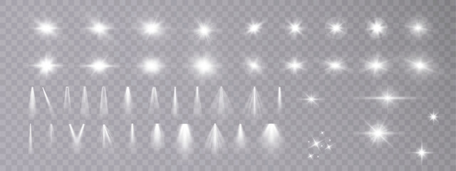 Leinwandbilder - Set of white light spotlights, flashes of light on a transparent background. Vector glowing light effect.	