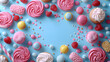 light blue background with sweets and cupcakes, children's theme