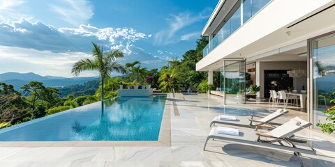 Poster - luxurious modern backyard with a white marble patio, an infinity pool overlooking a scenic view