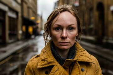 Portrait of a young woman in a yellow coat on the street