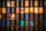 Fototapeta Uliczki - Rusty oil barrels textured wall abstract pattern industrial background