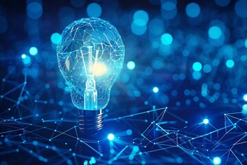 Poster - blue digital light bulb icon with glowing data streams symbolizes the innovative of artificial intelligence in scientific discovery and technological breakthrough .
