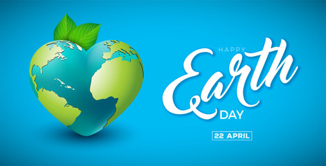 Wall Mural - Earth Day Illustration with Planet in the Heart on Blue Background. World Map on April 22 Environmental and Eco Concept with Typography Lettering. Vector Design for Postcard, Banner, Greeting Card