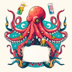 Wall Mural - a cartoon of an octopus holding a sign