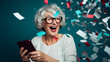 Happy senior woman using her smart phone with confetti