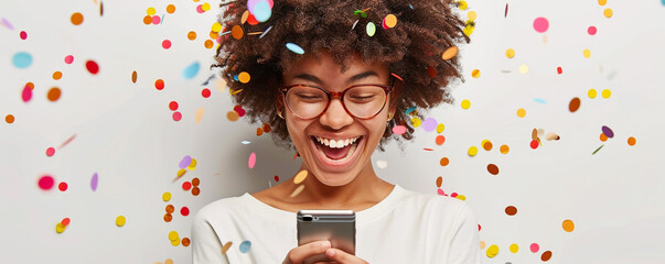 Poster - Happy young woman using her smart phone with confetti