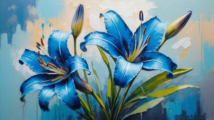 blue lily flower close-up pastel oil pallet knife paint painting on canvas with large brush strokes modern art illustration abstract from Generative AI