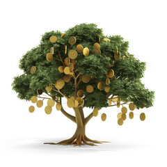 Wall Mural - 3d tree of coins, green color tree, gold color coins, financial concpet, money, wealth