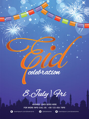 Wall Mural - Elegant Party Celebration Flyer, Glowing Banner, Invitation Card with glossy firecrackers and silhouette of Mosque for Eid Mubarak