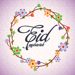 Wall Mural - Beautiful Flowers decorated Greeting Card design, Eid Mubarak Typographical Background, Creative vector illustration for Muslim Community Holy Festivals celebration.