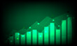 Stock and investment concept. A bar and line graph on dark green background. Burish market, profit of wealth, high-risk high return, business growth up.